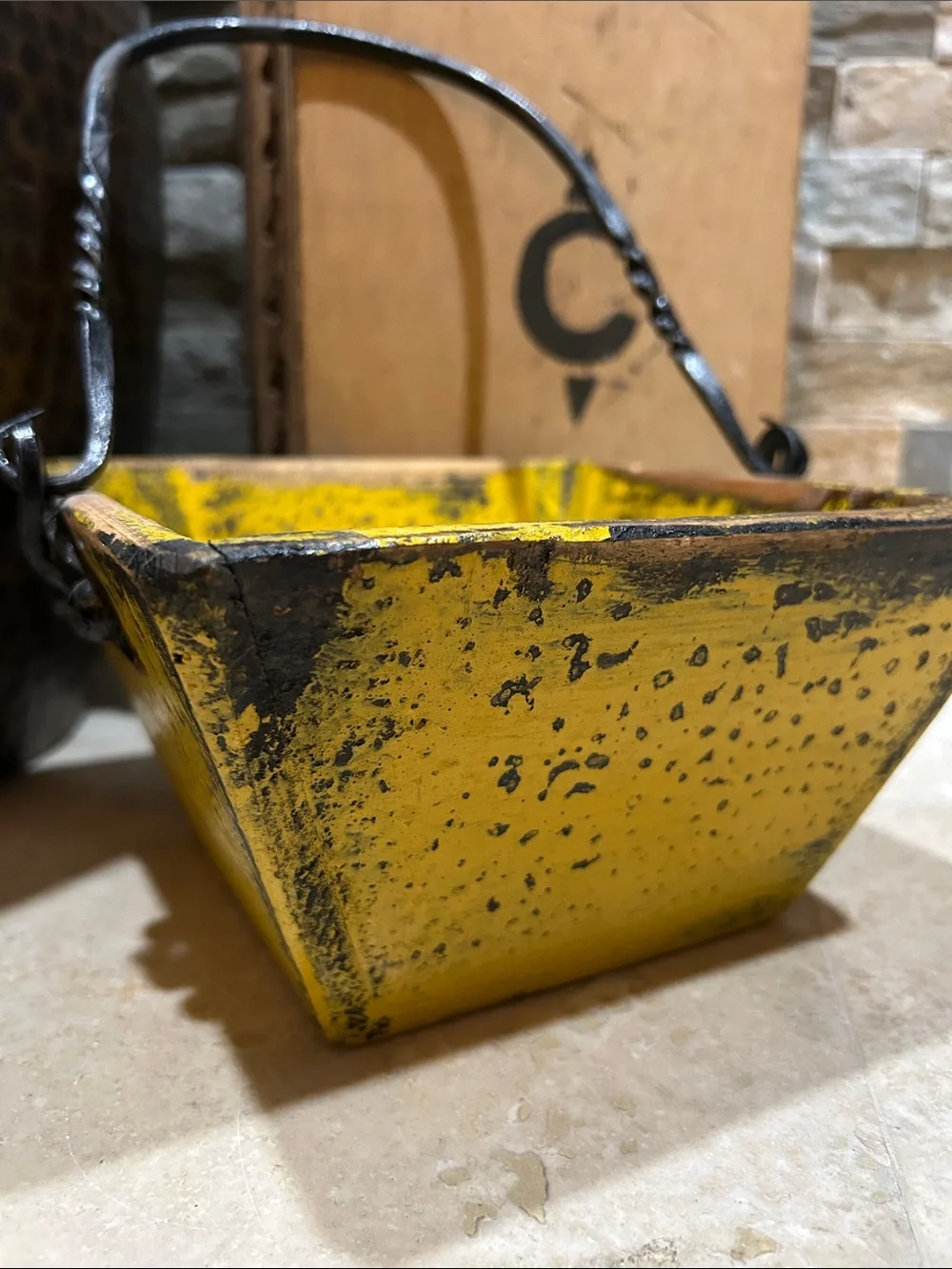 antique Chinese yellow lacquer rice measure bucket